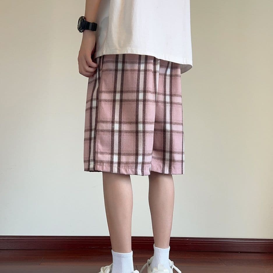 チェックパンツ ゆったり格子柄ハーフパンツ