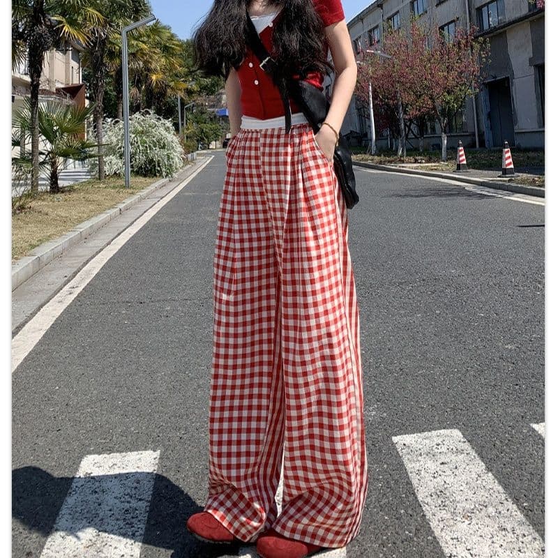 チェックパンツ 格子柄ゆったりワイドパンツ
