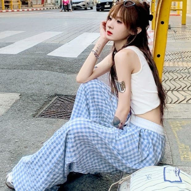チェックパンツ 爽やかな格子柄ゆったりパンツ