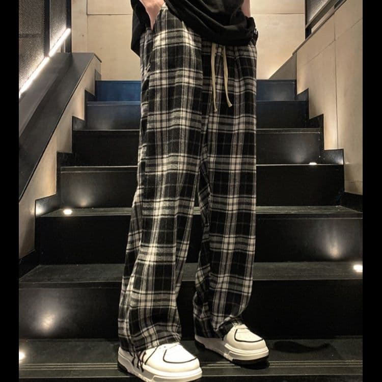 チェックパンツ 格子柄リラックスワイドパンツ