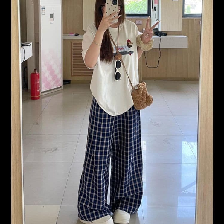 チェックパンツ 格子柄ゆったりワイドパンツ