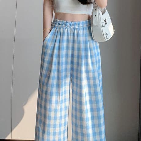 チェックパンツ 格子柄ゆったりワイドパンツ