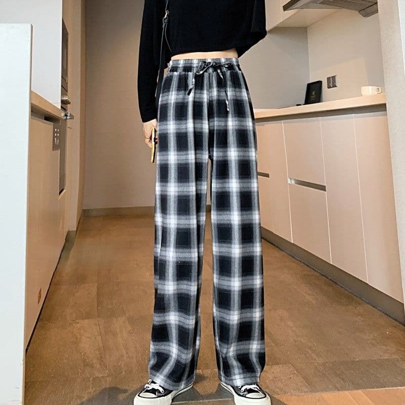 チェックパンツ モノトーン格子柄 ゆったりワイドパンツ