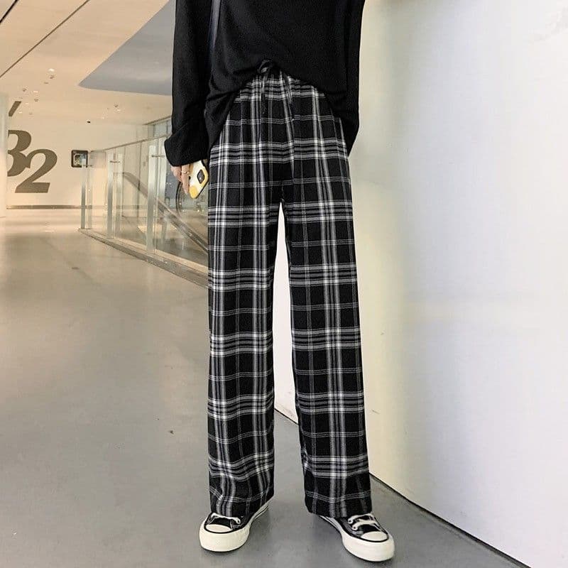 チェックパンツ モノトーン格子柄 ゆったりワイドパンツ