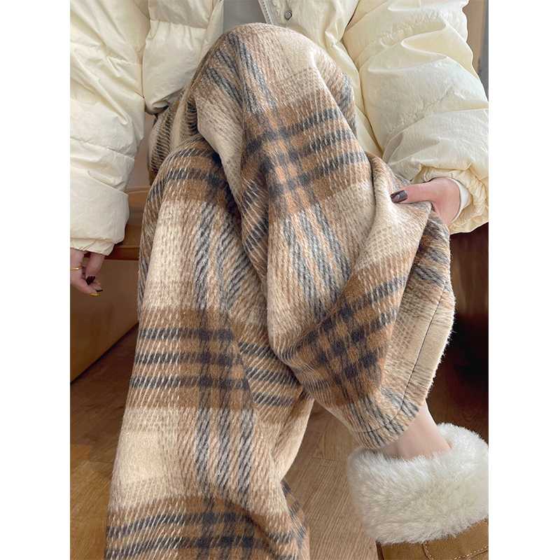 チェックパンツ あったかチェック柄ワイドパンツ