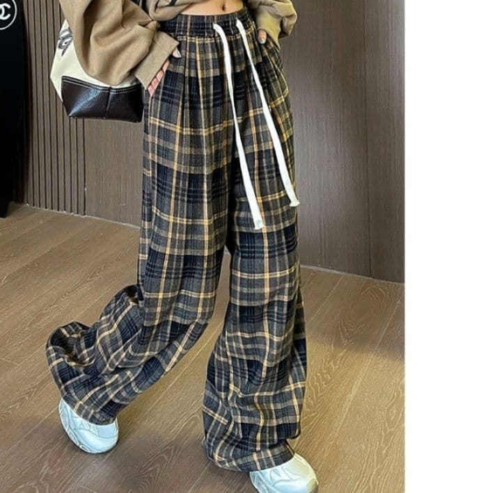 チェックパンツ ゆったり着こなし 格子柄ワイドパンツ
