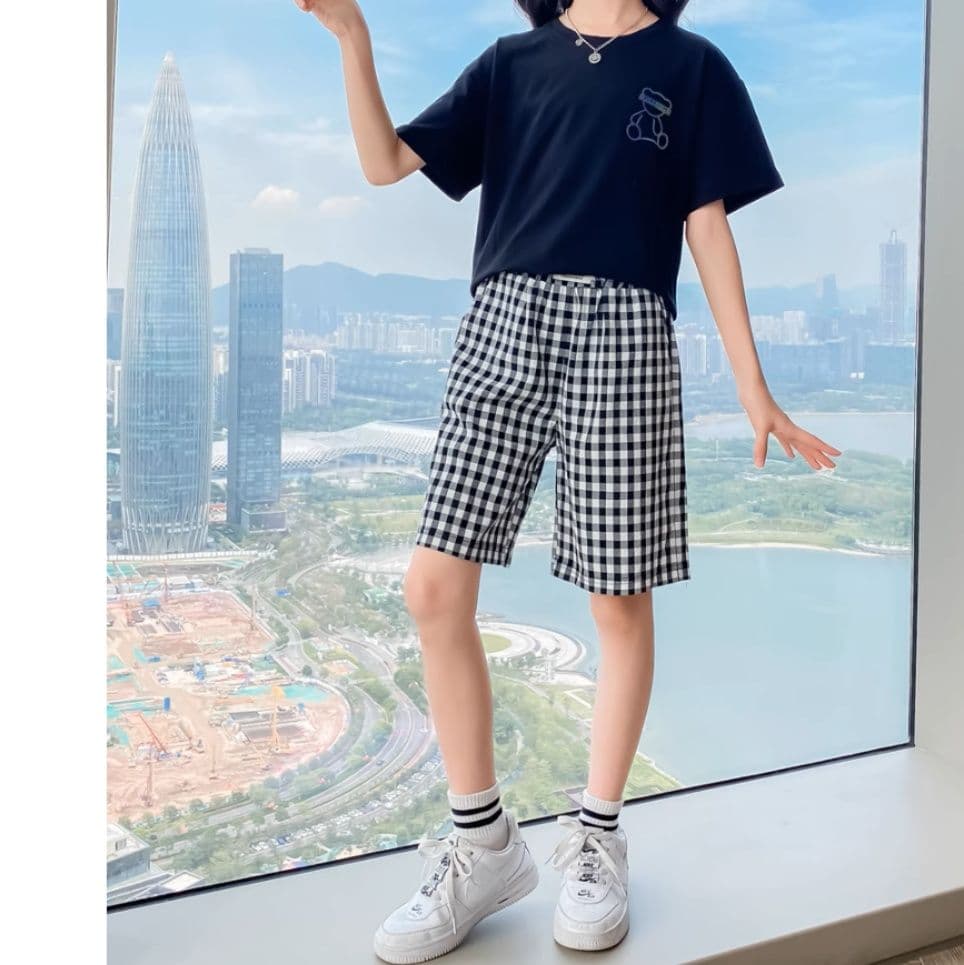チェックパンツ 格子柄ゆったりショートパンツ