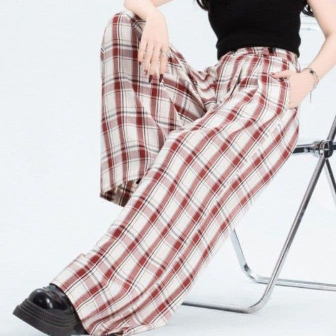チェックパンツ クラシック格子ワイドパンツ