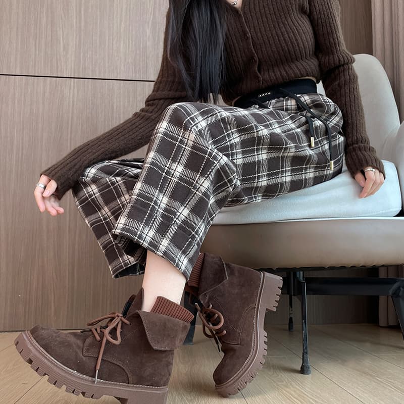 チェックパンツ 白黒 ゆったり格子柄ハイウエストパンツ