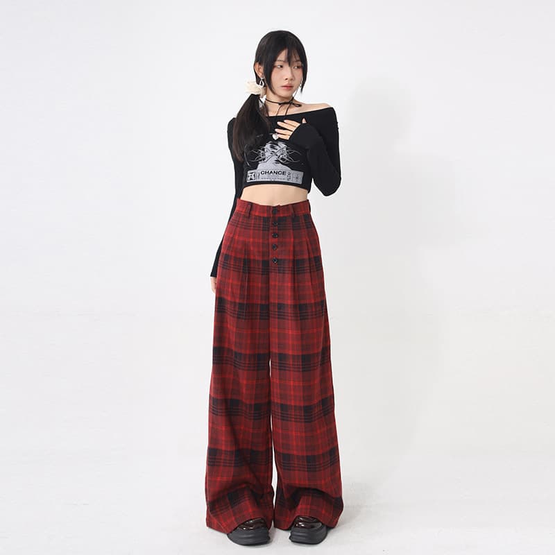 チェックパンツ 赤 ワイドシルエットチェック柄ロングパンツ