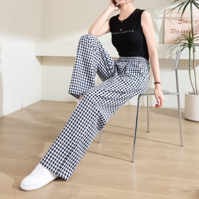 チェックパンツ 白黒 ゆったりシルエット格子柄ワイドパンツ