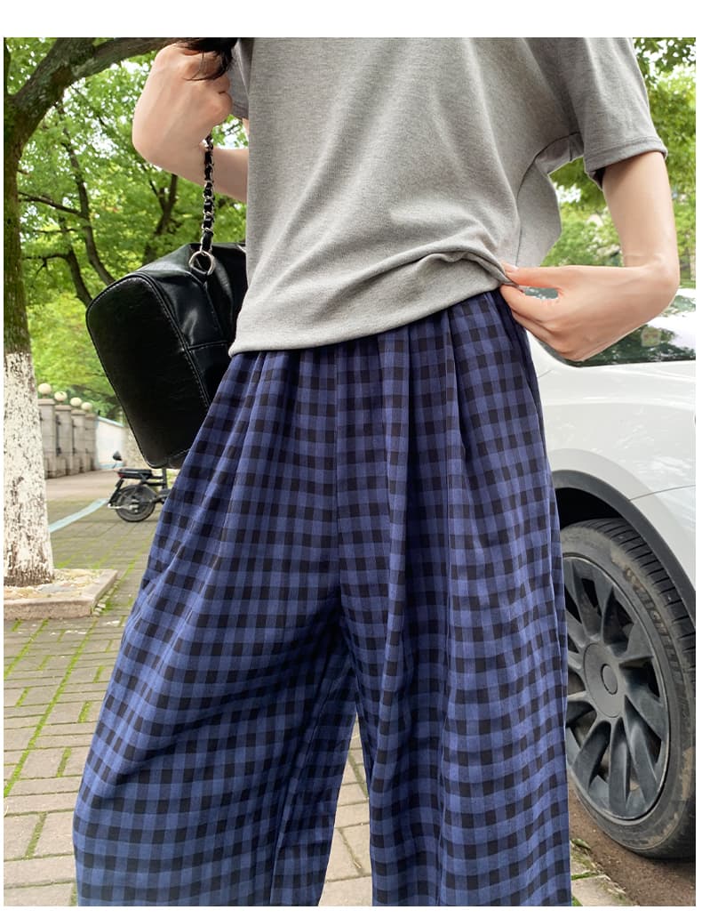 チェックパンツ 格子柄ゆったりワイドパンツ