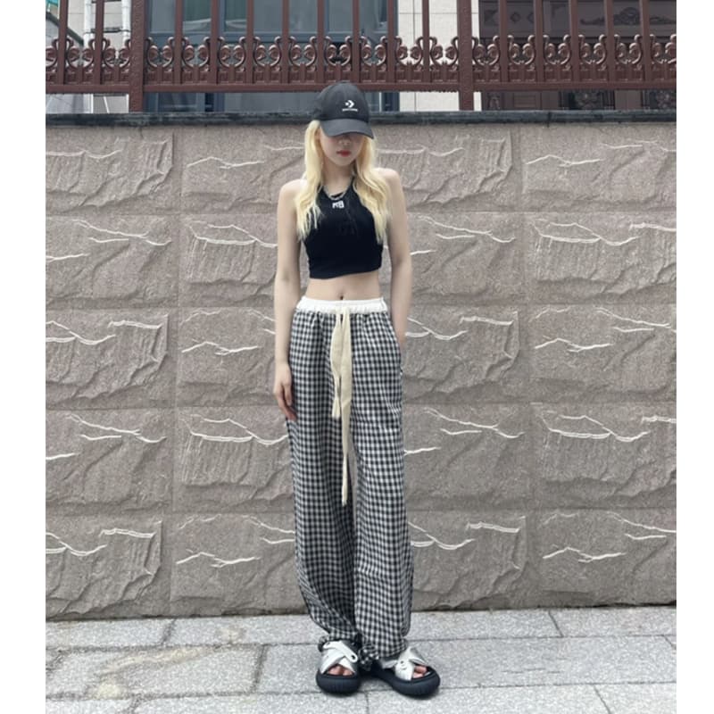 チェックパンツ 白黒 ゆったりチェック柄ドロストパンツ