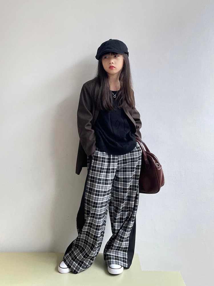 チェックパンツ 切替デザイン格子柄チェックパンツワイドシルエット
