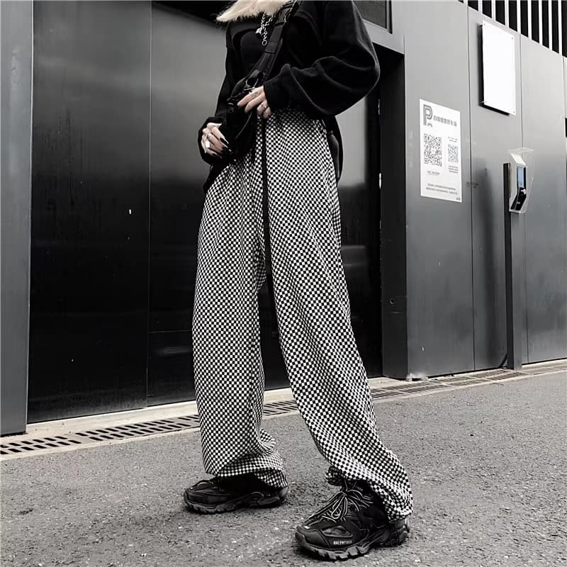 チェックパンツ 白黒市松模様 ストレートチェックパンツ