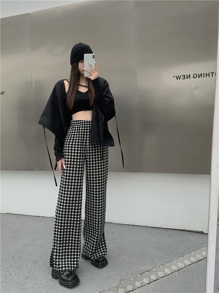 大人気厚手スプリットワイドチェックパンツ