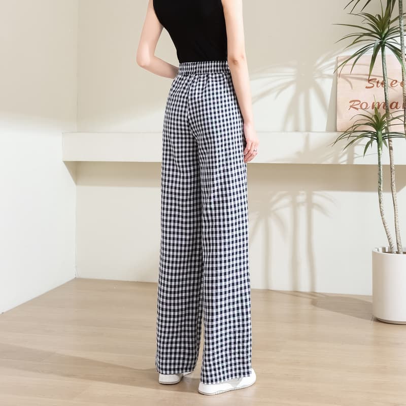 チェックパンツ 白黒 ゆったりシルエット格子柄ワイドパンツ