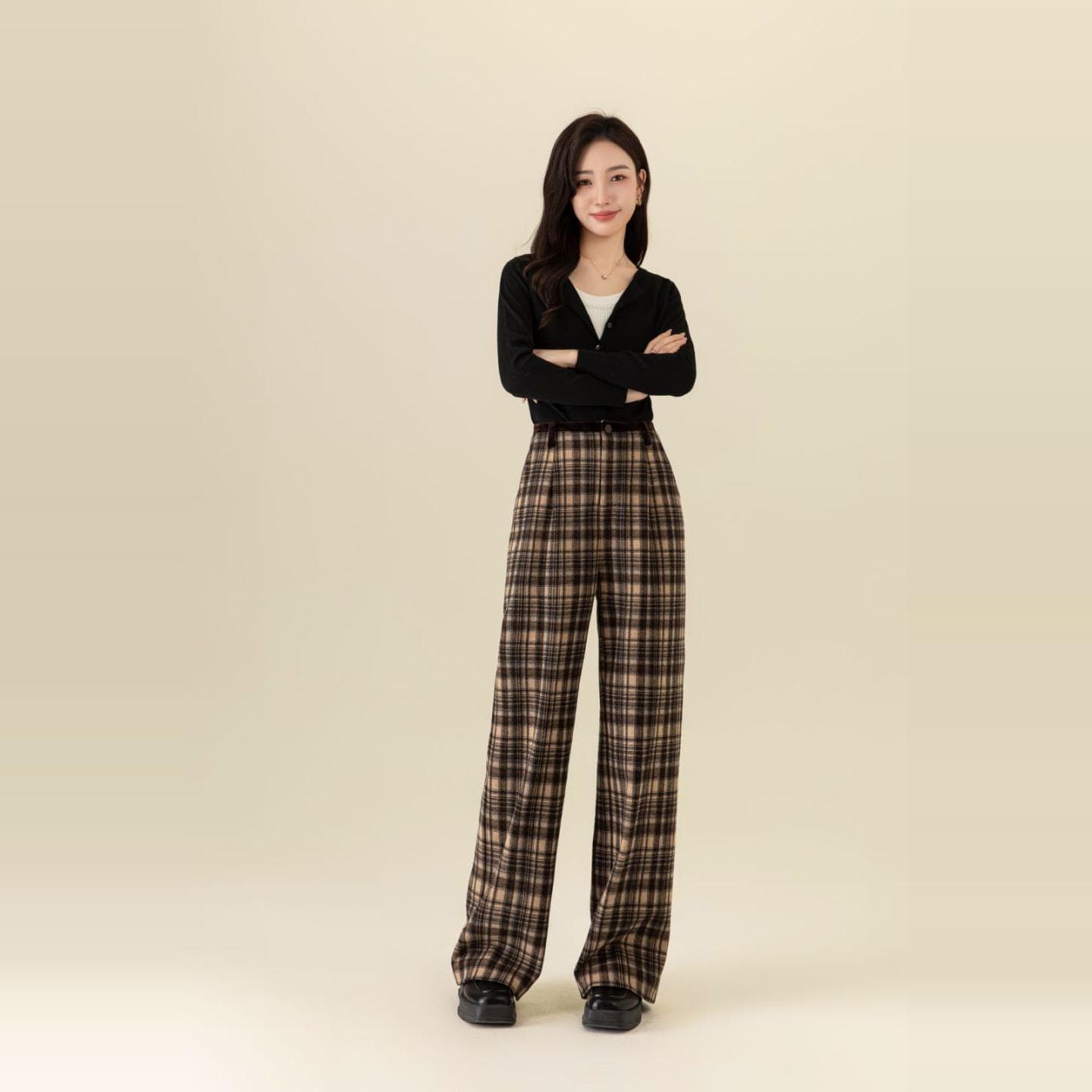 チェックパンツ ブラウン ゆったりシルエット大人のチェックパンツ