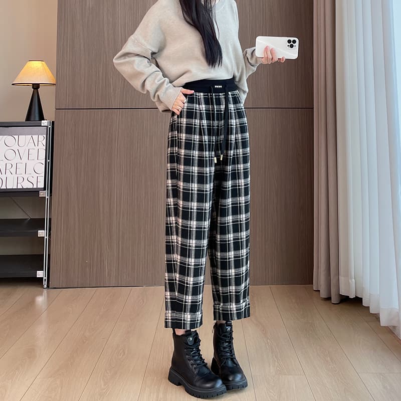 チェックパンツ 白黒 ゆったり格子柄ハイウエストパンツ