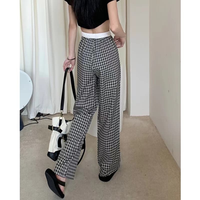 チェックパンツ 白黒 ゆったりチェック柄ドロストパンツ