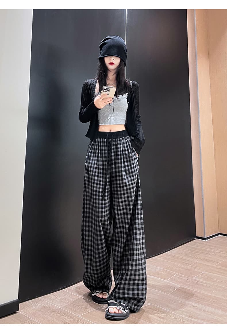 チェックパンツ グレー ゆったりシルエット格子柄ワイドパンツ