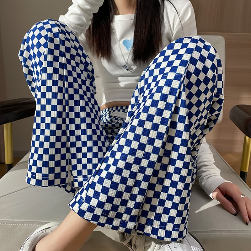チェックパンツ 市松模様ワイドストレートパンツ