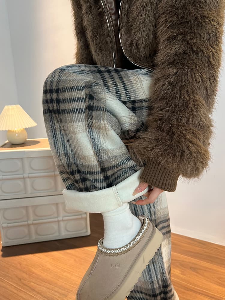 チェックパンツ ウール混 タータンチェック ワイドパンツ