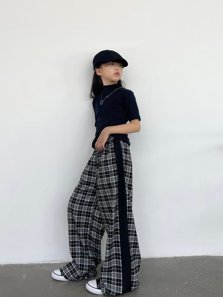 チェックパンツ 切替デザイン格子柄チェックパンツワイドシルエット
