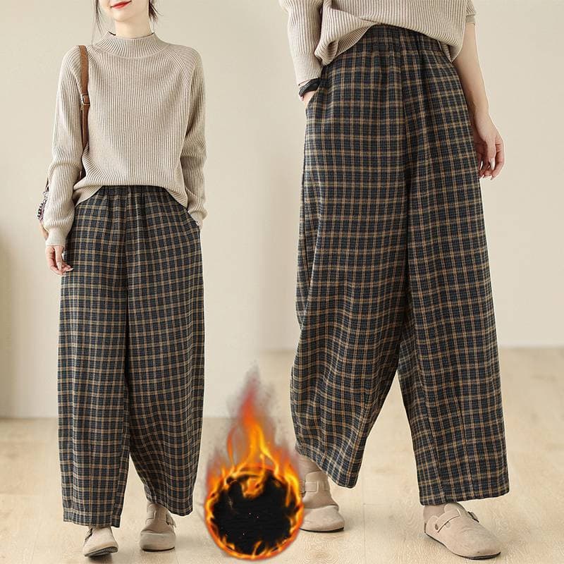 チェックパンツ 秋冬新作裏起毛格子柄ワイドパンツ女性用暖かチェック柄