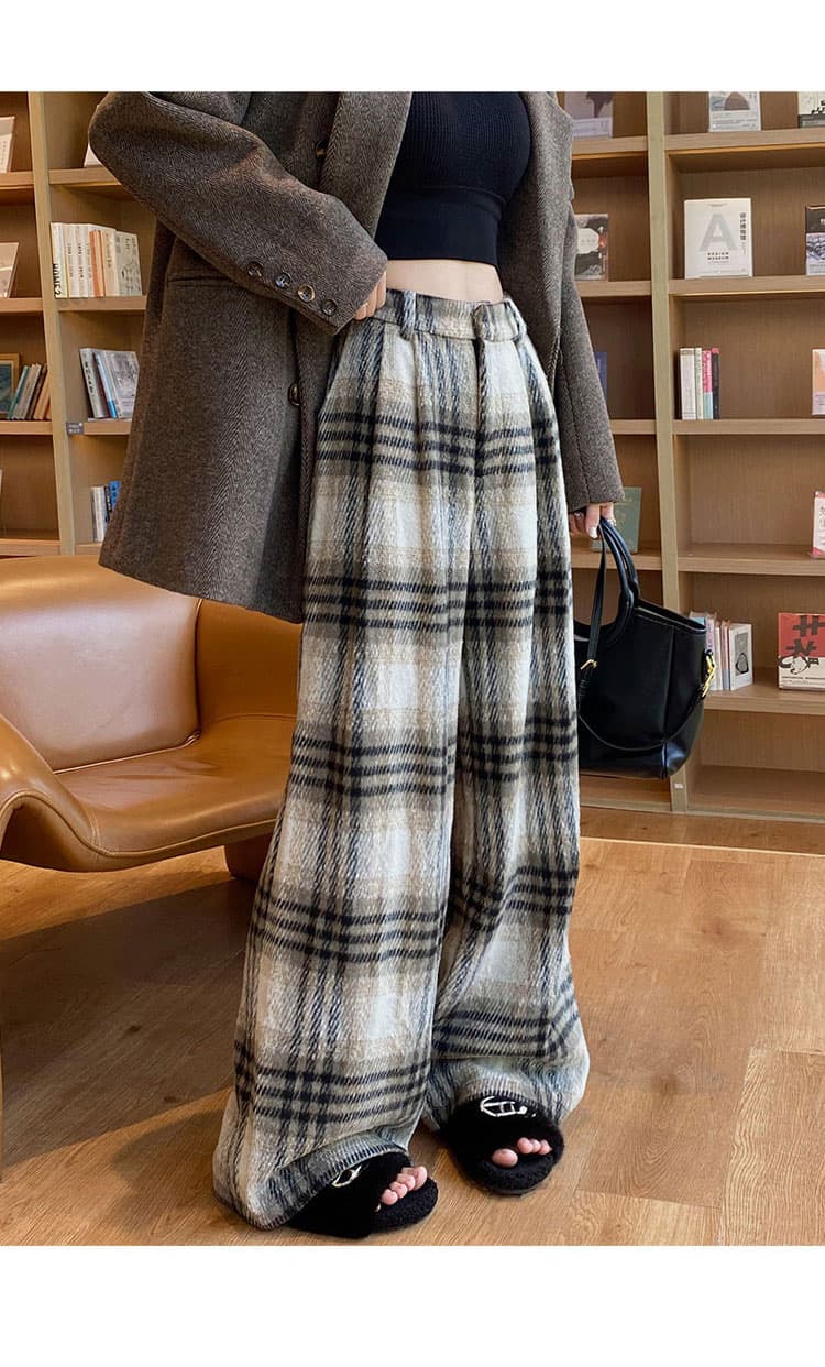 チェックパンツ あったかチェック柄ワイドパンツ