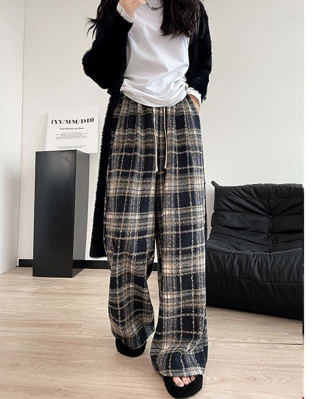 チェックパンツ レディース ハイウエスト チェック柄 ワイドパンツ 着痩せ効果 多色展開
