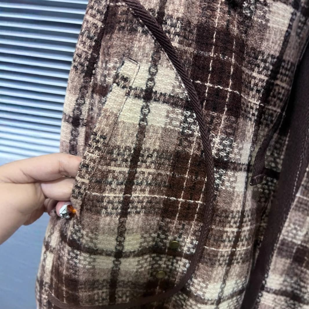 チェックパンツ ブラウン あたたか素材のゆったりワイドパンツ