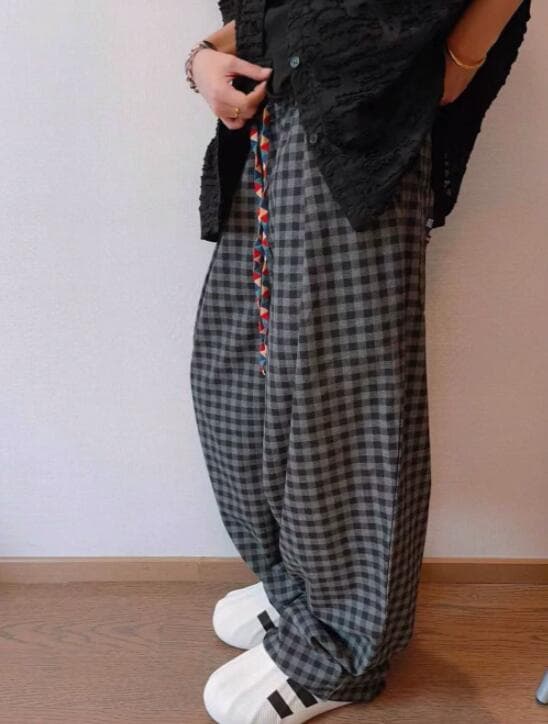 チェックパンツ 二〇二五年新作メンズチェック柄ワイドパンツ ギンガムチェック