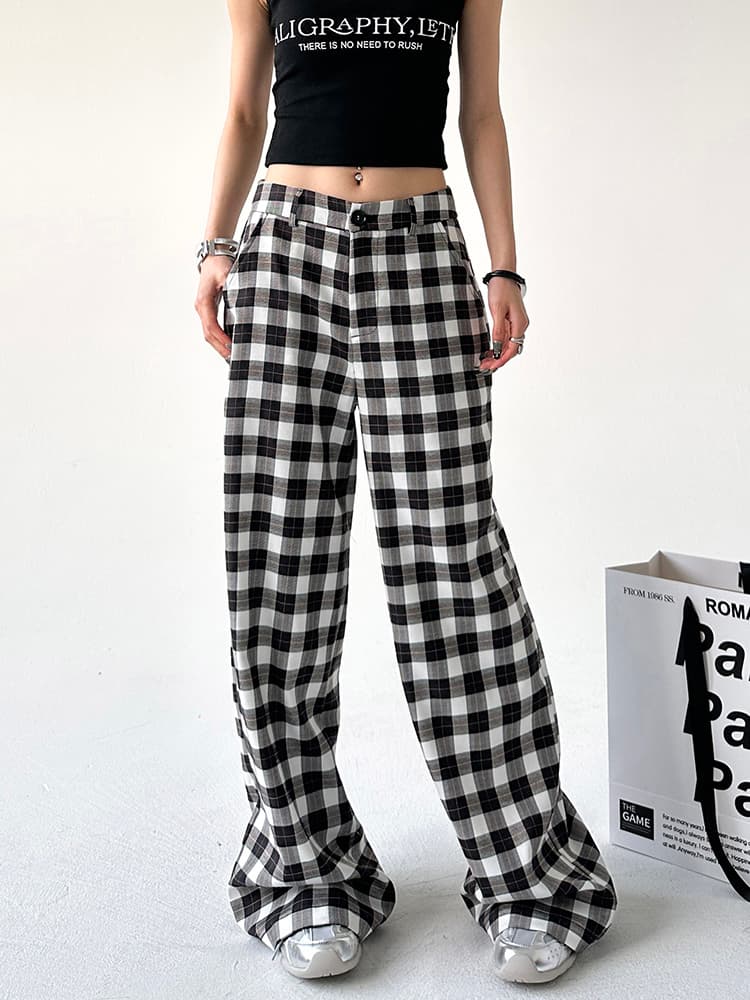 チェックパンツ チェックパンツ ゆったりワイドシルエットパンツ