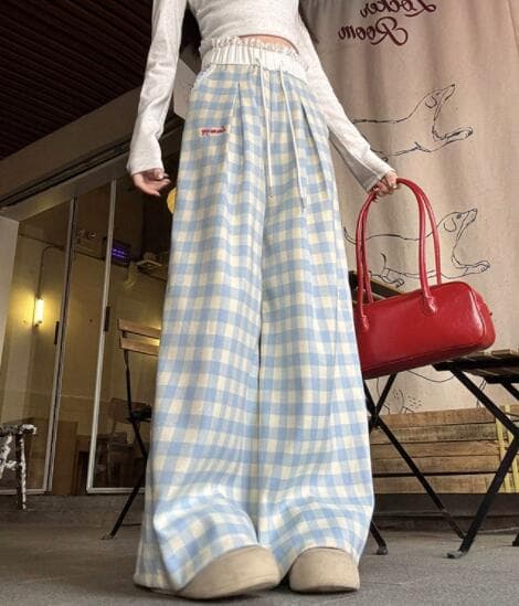チェックパンツ レディースギンガムチェックワイドパンツ