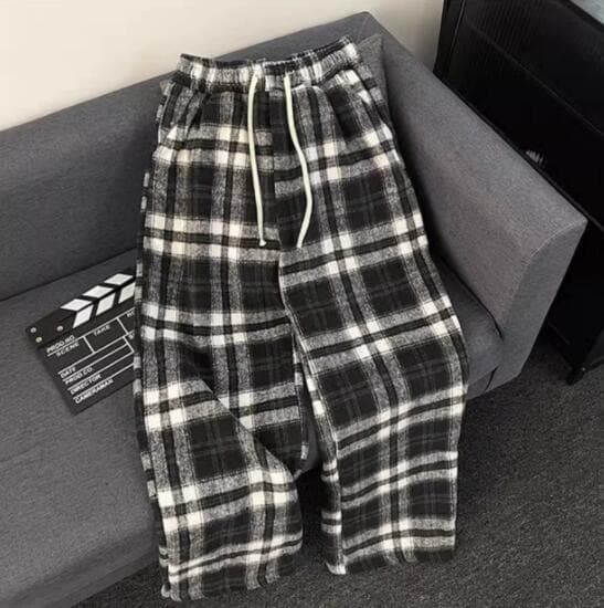 メンズ起毛チェックパンツ白黒柄