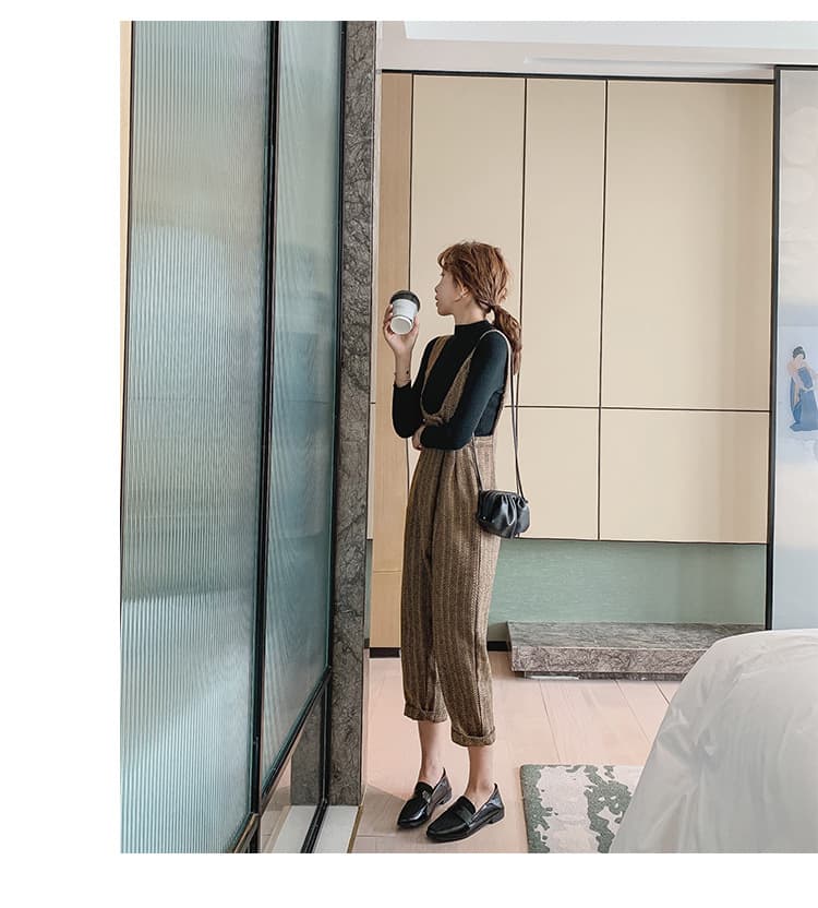 チェックパンツ 韓国風チェック柄サロペットパンツ ゆったりロング丈