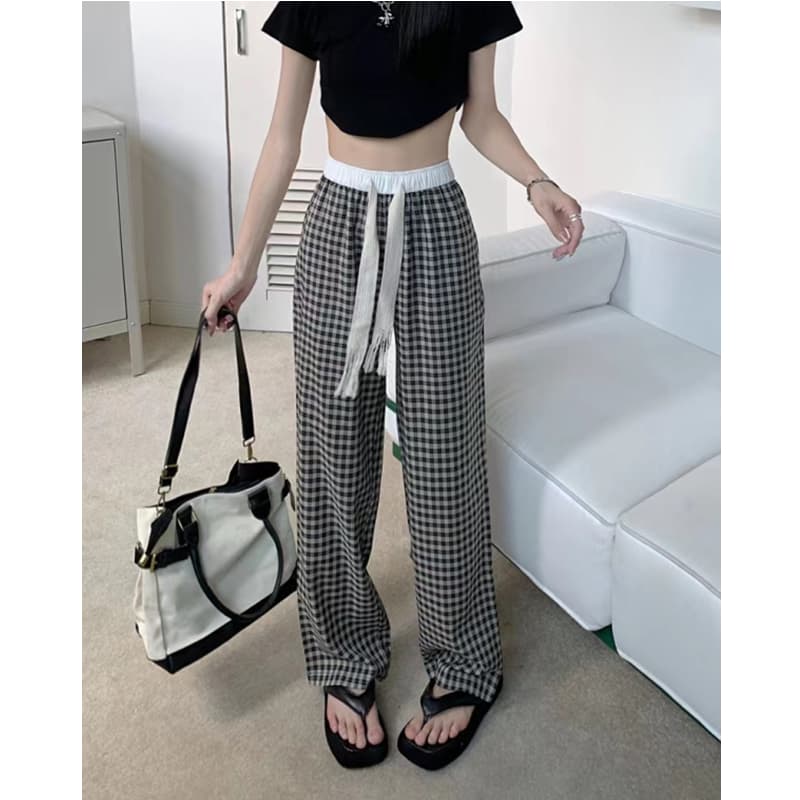 チェックパンツ 白黒 ゆったりチェック柄ドロストパンツ