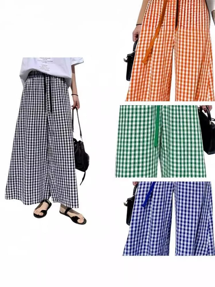 チェックパンツ 体型カバー抜群 ギンガムチェック柄ワイドパンツ