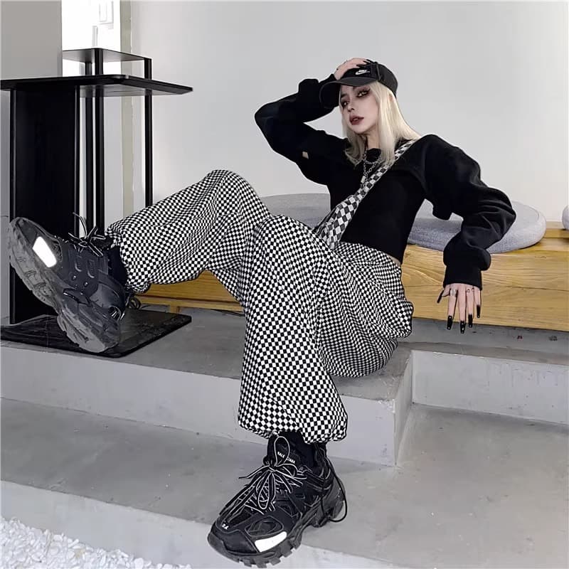 チェックパンツ 白黒市松模様 ストレートチェックパンツ