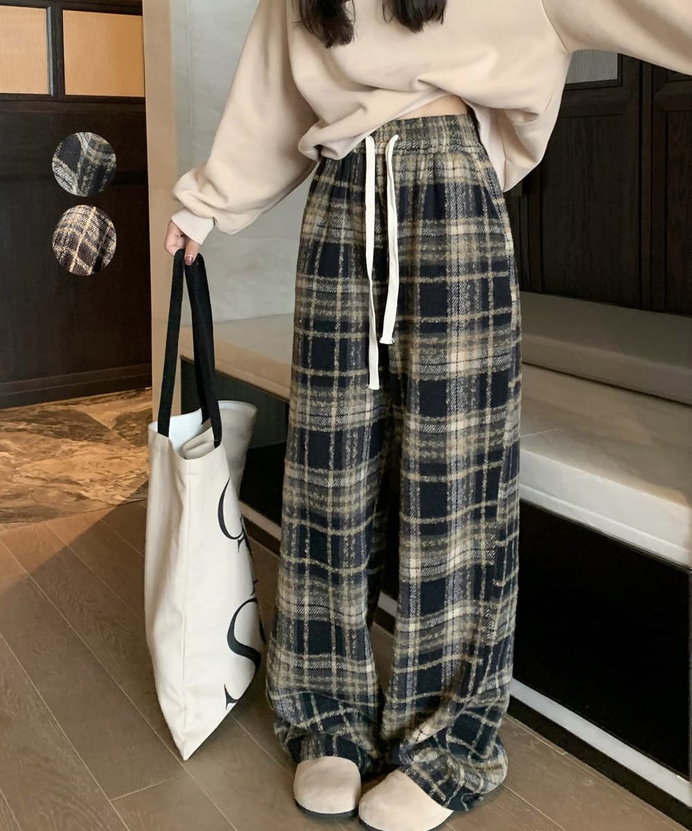 チェックパンツ チェック柄ワイドパンツ レディース ゆったり起毛
