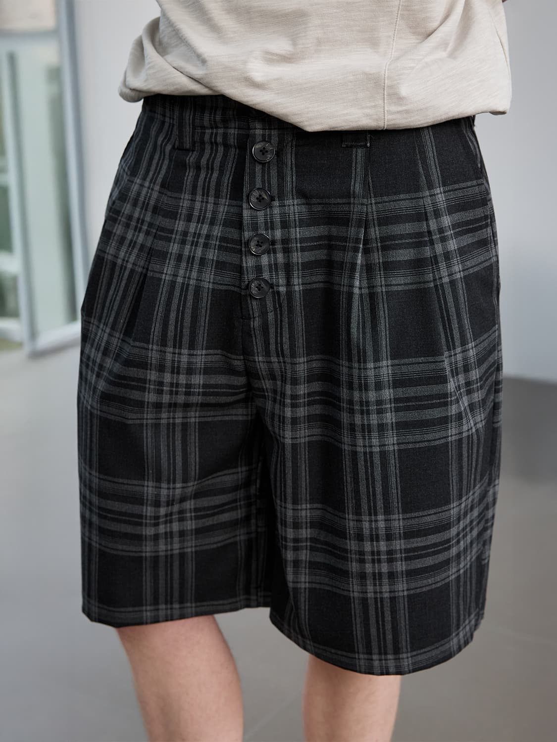 チェックパンツ 格子柄フロントボタンショートパンツ