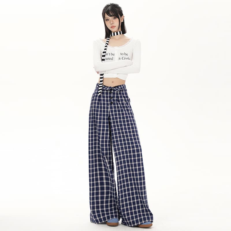 チェックパンツ レディースチェック柄ワイドパンツ