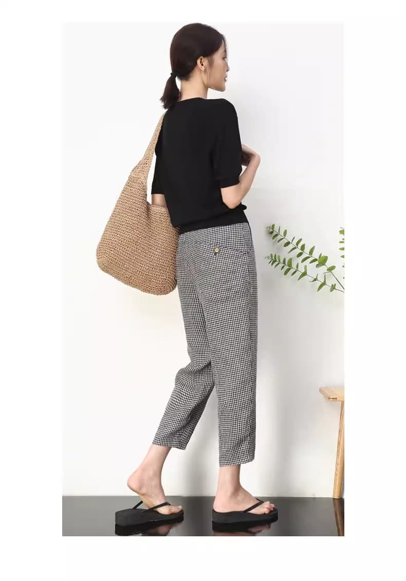チェックパンツ 白黒 微細格子柄のゆったりクロップドパンツ