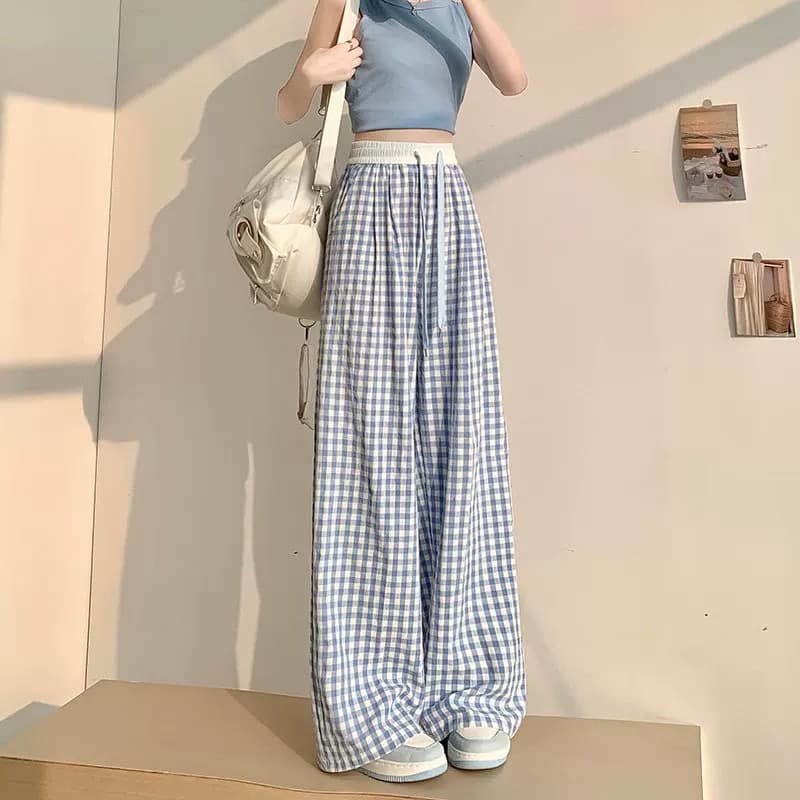 チェックパンツ 高級感垂れ感ギンガムチェックワイドパンツ