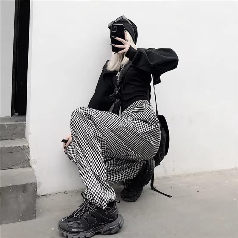 チェックパンツ 白黒市松模様 ストレートチェックパンツ