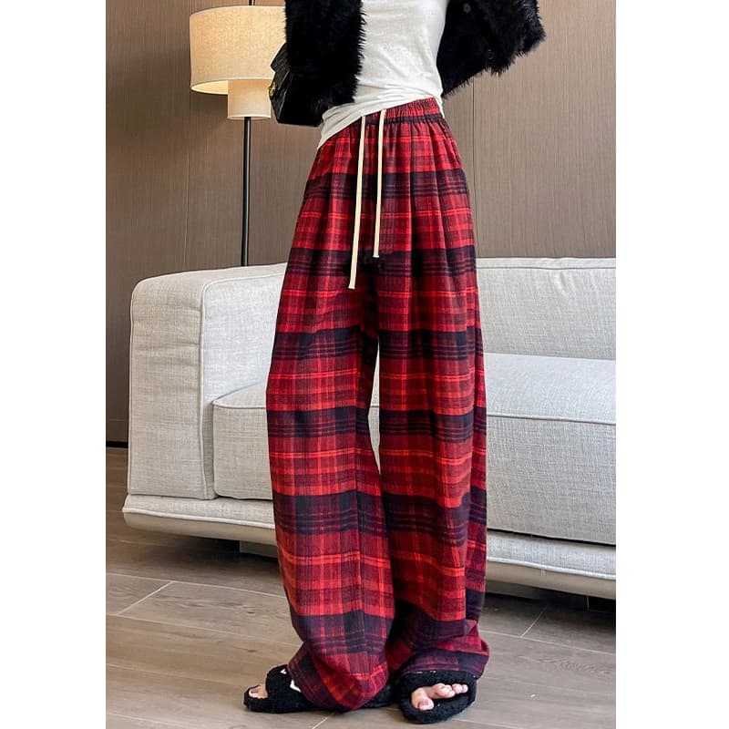 チェックパンツ なめらかチェック柄ワイドパンツ