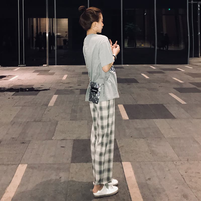 チェックパンツ ゆったりカジュアルチェックワイドパンツ