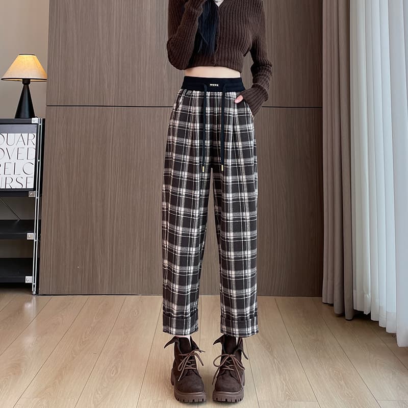 チェックパンツ 白黒 ゆったり格子柄ハイウエストパンツ