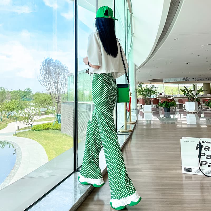 チェックパンツ 市松模様ワイドストレートパンツ